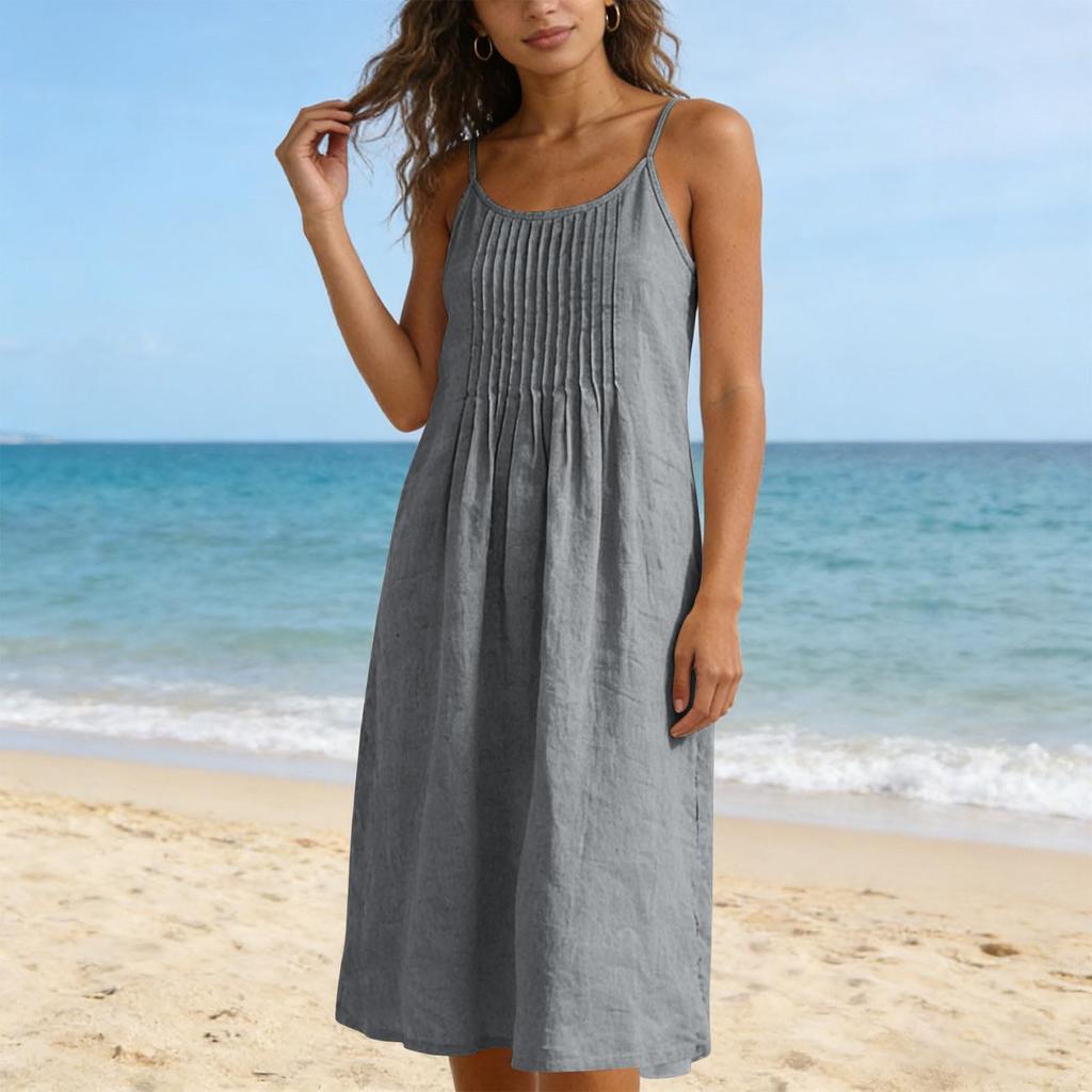Linen Maxi Dresses for Women Sleeveless V Neck Long House Dress Casual Loose Fit Summer Sundress with Pockets