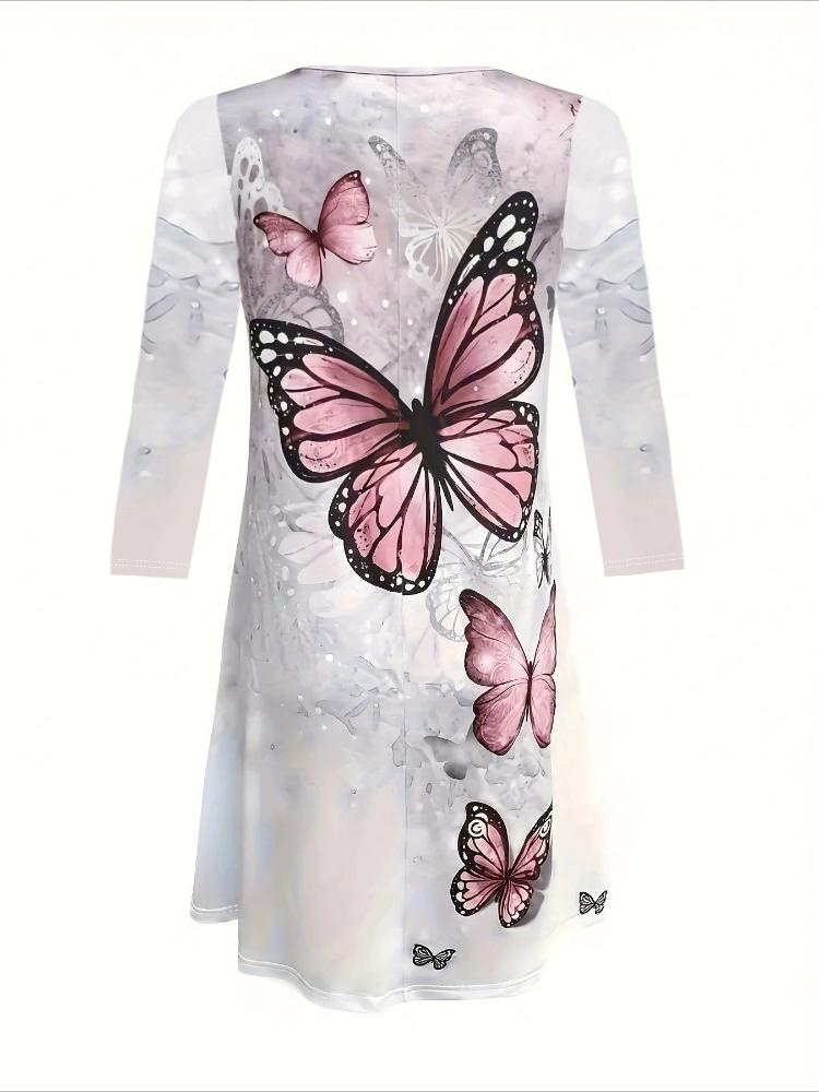 Sommer mote for kvinner Butterfly Print Kjole Rundhalset Uformell kjole Løs kjole Dameklær