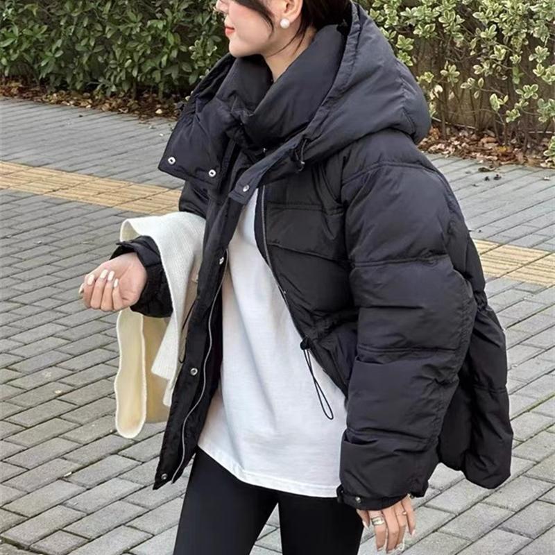 Women's Autumn Winter Down Jacket Short Hooded Single Breasted Loose Adjustable Waist Straight Tube White Duck Down Coat