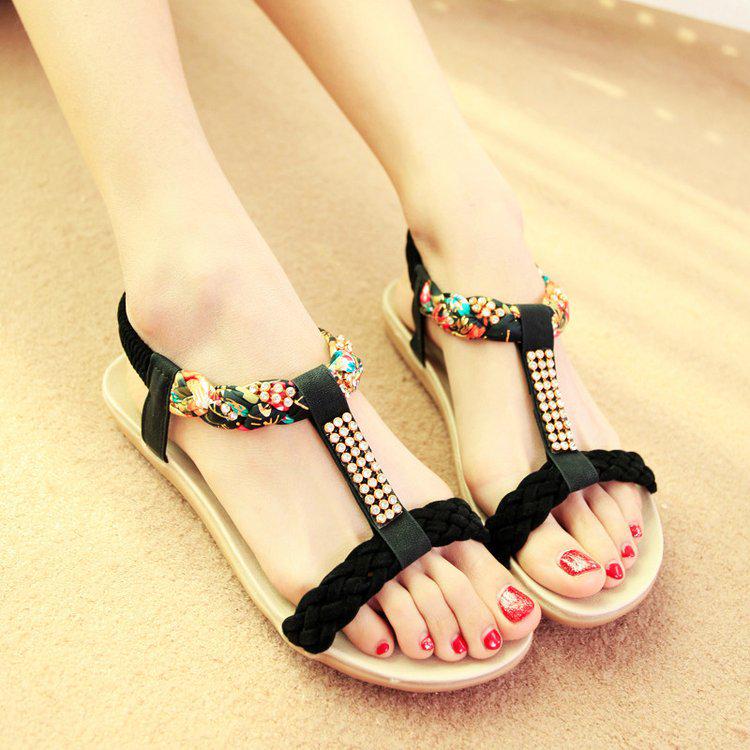 Bohemian Flat-bottomed Student Beach Sandals Women's Summer New Large-size Colorful Open-toed Rhinestone Women's Sandals