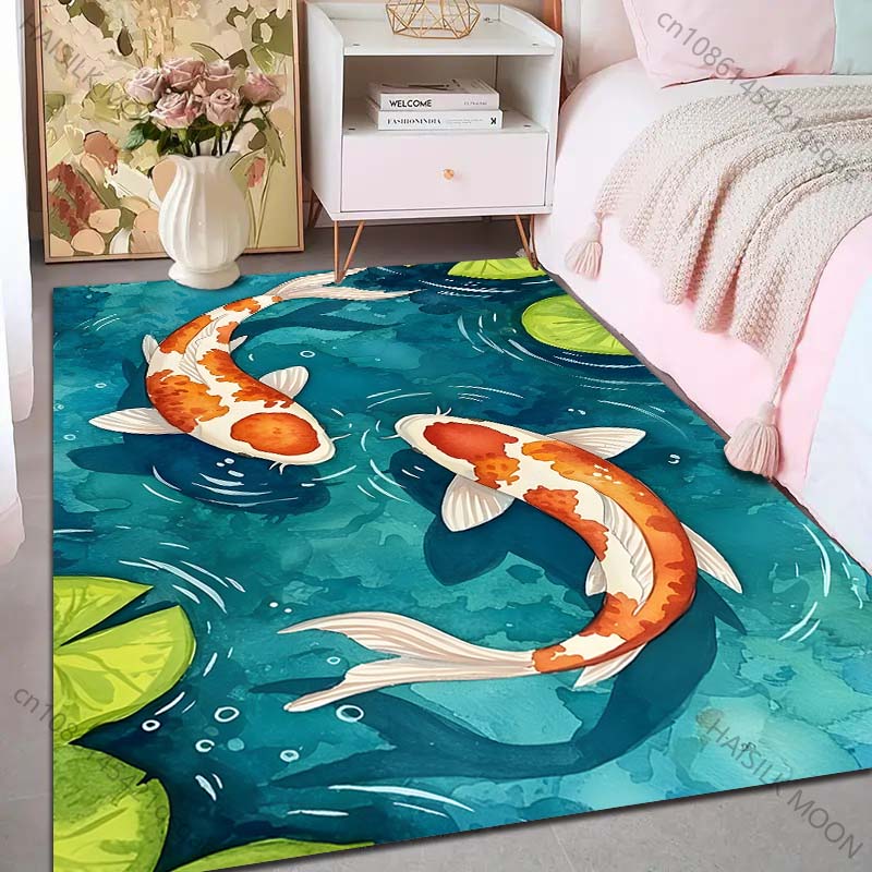 Multiple Sizes Koi Swimming In Pond Carpet for Living Room Bedroom Sofa Home Decor Rus Non-slip Floor Mat Luxury Gift