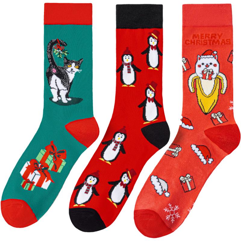 Four Seasons Penguin Christmas Bear Cotton Mid-Calf Socks for Men and Women