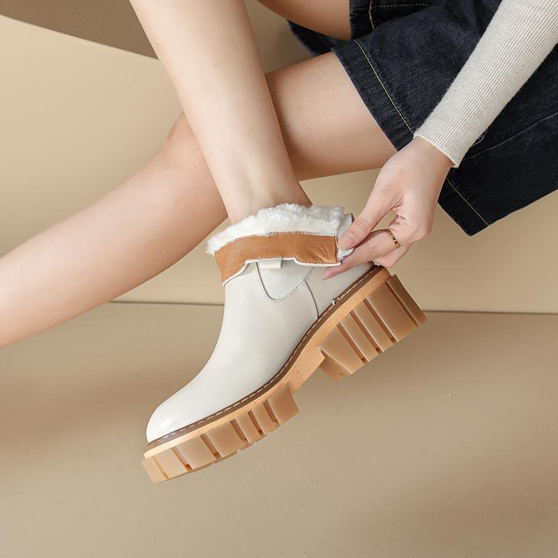2024 Zimní Teplé Dámské Kotníkové Boty Stručné Pravá Kůže Vlna Silné Podpatky Zadní Zip Boty Žena Pracovní Ležérní Sněhule