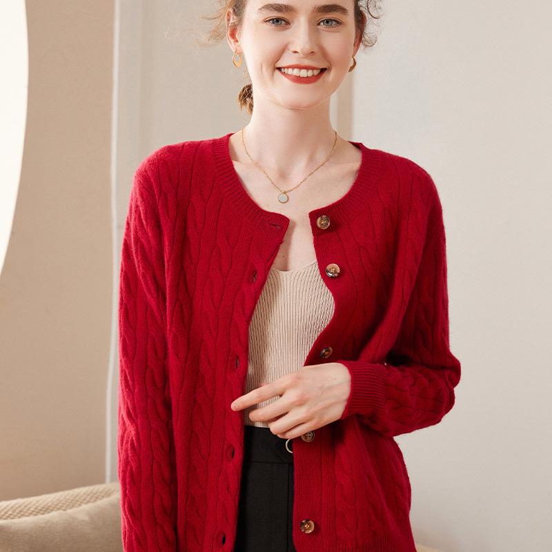 Women's 100% Pure Cashmere Round Neck Cable Knit Cardigan Sweater