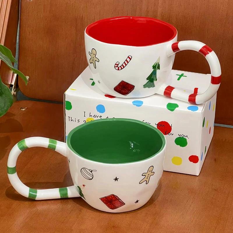 350ML Christmas Coffee Mug Hand Pinched Ceramic Cup Winter Afternoon Tea Cup Large Capacity Water Bottle with Handle Drinkware