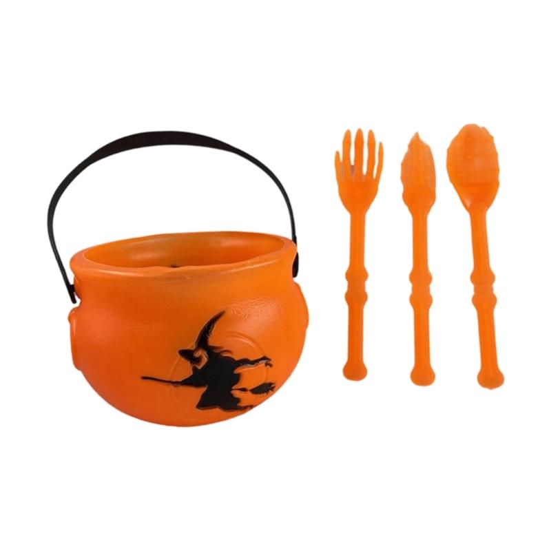 

Halloween Candy Bucket and Cutlery Set Plastic Witch Cauldron Treat Container with Handle For Halloween Party Decoration оранжевый