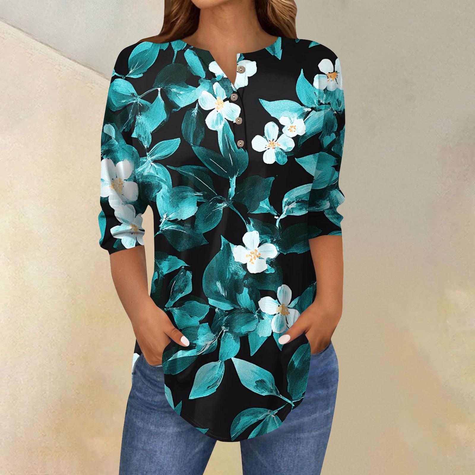 

Женская свободная футболка с воротником на пуговицах и винтажным цветочным принтом, рукав три четверти XL