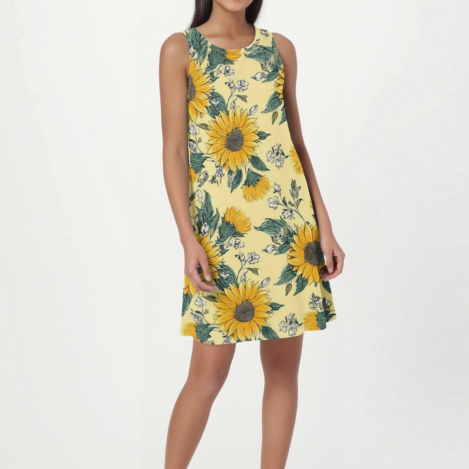 Women s Fashion Beach Dress Sleeveless Round Neck Floral Print Dress L