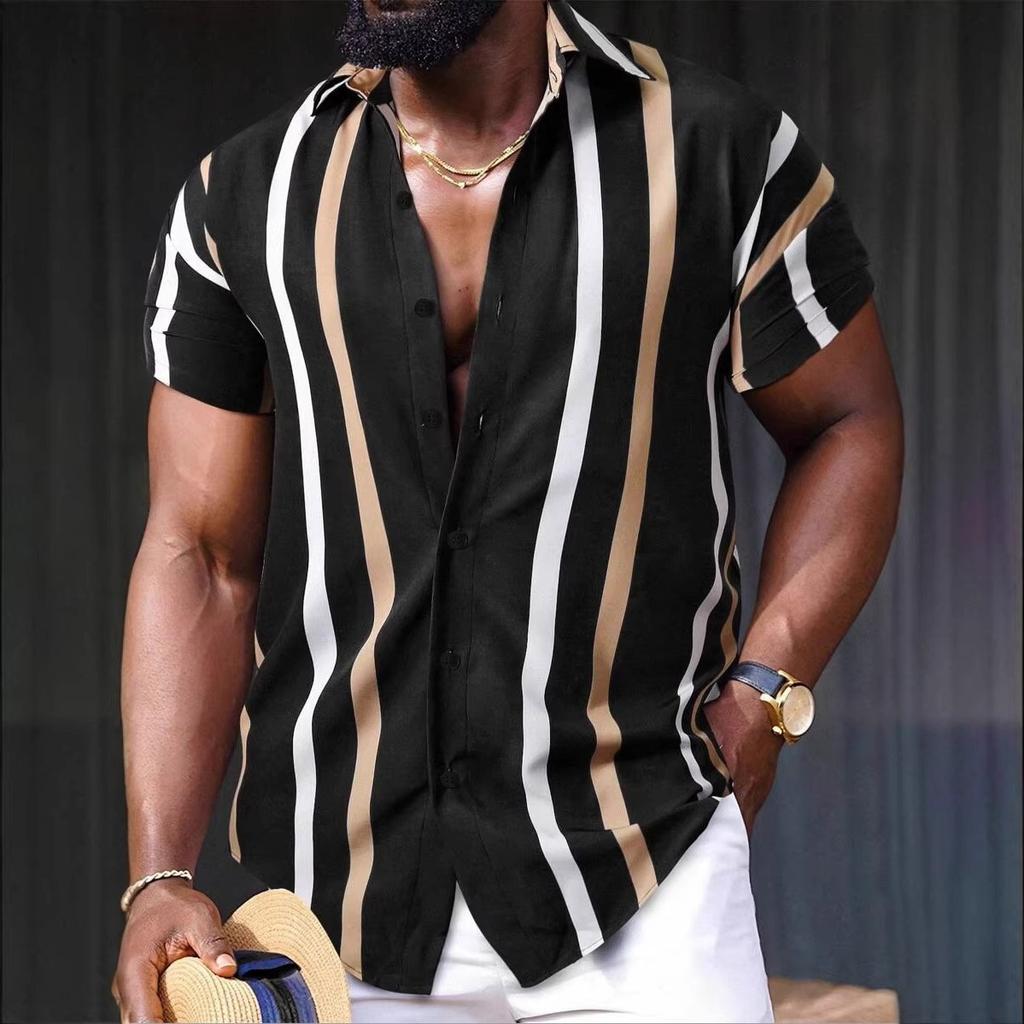 Summer New Men Clothes Short Sleeve Lapel Shirt Tops Fashion Stripe Design Men Tops