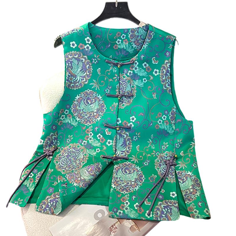 Women's Spring New Silk Brocade Tang Suit Vest with Frog Buttons