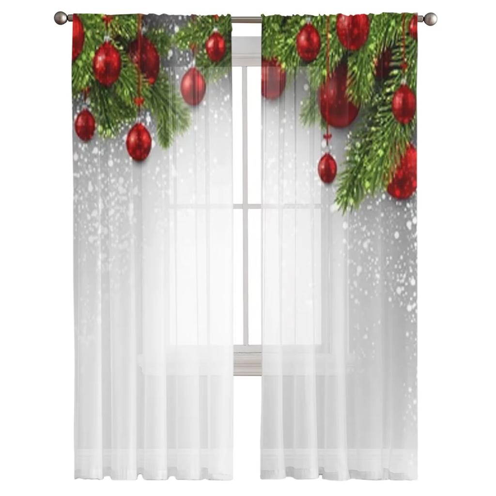Farmhouse Christmas Ball Curtain Living Room Cafe Xmas Gifts Balls Window Curtains Kitchen Bedroom Outdoor Yard Sheer Polyester Ideal For