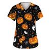 Women's Fashion Short Sleeve Halloween Printed V-Neck Pocket Workwear Tops