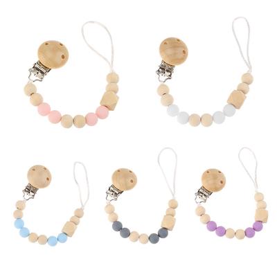 Pacifier Clip Baby Wooden Clip Teething Silicone Wooden Beads for Baby Boy Girl Teether Toys Holder Shower Gift White