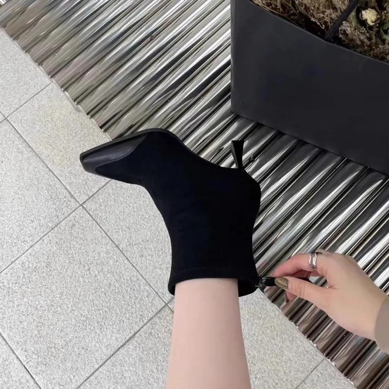 Ladies Shoes 2024 Hot Sale New Zipper Autumn Women's Boots Square Toe Solid Flock Short Barrel High Heels Retro Fashion Boots