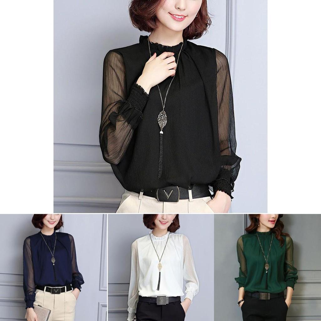 Womens Spring Chiffon Shirt With Lace Vneck And Long Sleeves For Casual Daily Wear