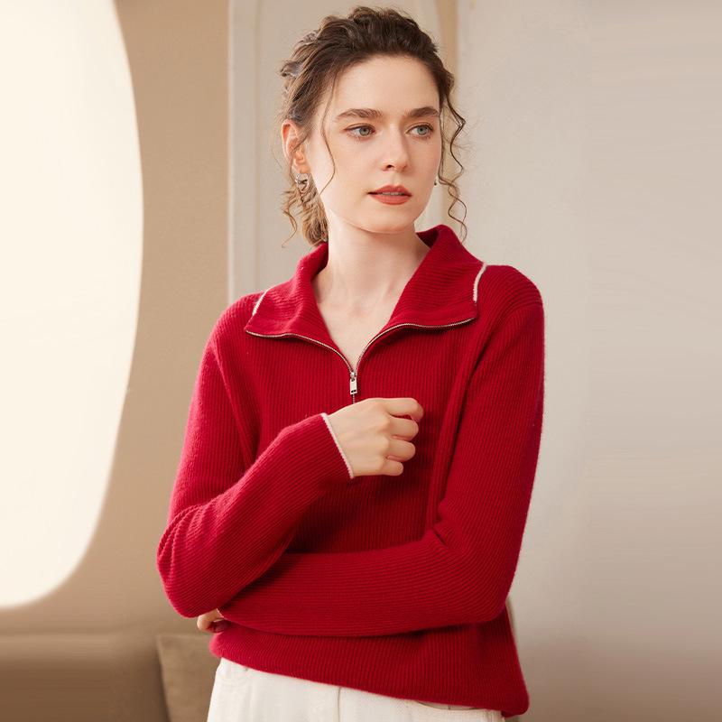 Thick Half-Zip Color-Block Cashmere Loose Knit Korean Pullover