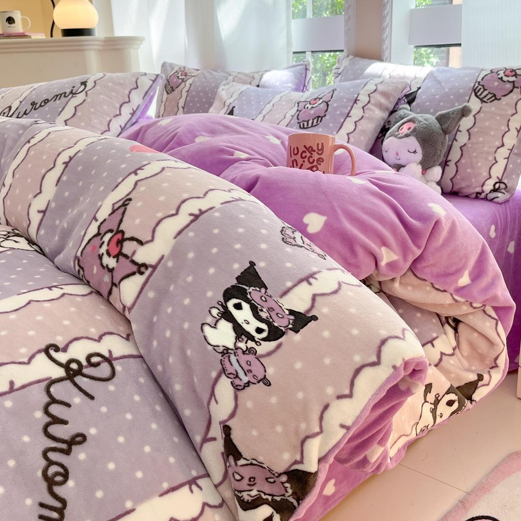 Children'S Thickened Milk Fleece Bed Four-Piece Warm Coral Fleece Fleece Quilt Cover Student Bedding