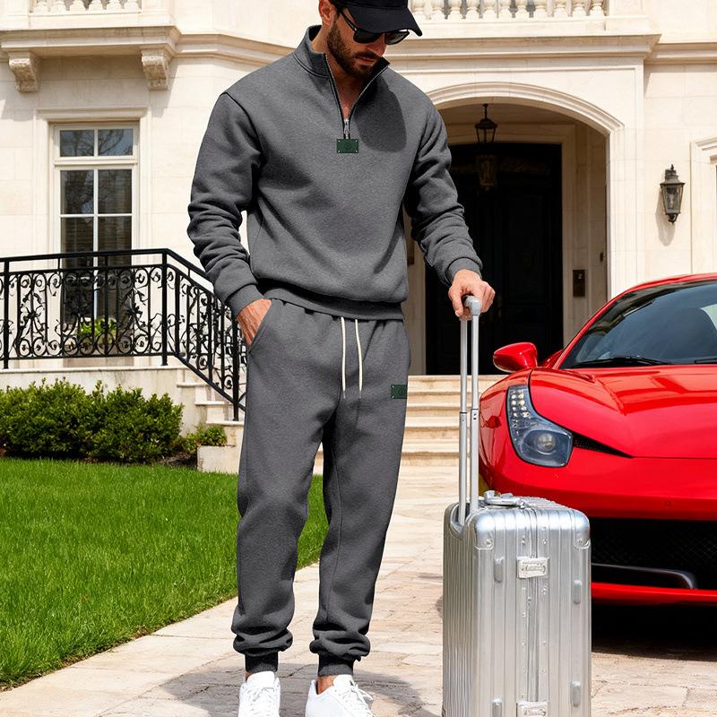 Autumn Men Quarter Zip Stand Collar Tracksuit 2 Piece Set Jogger