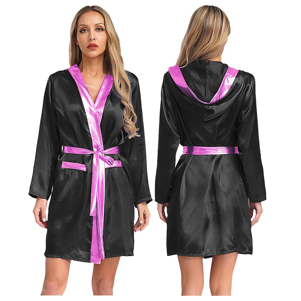 Damen Box Robe Halloween Cosplay Kostüm Langarm Offene Vorderseite Metallische Borte Satin Kapuze Umhang mit Gürtel