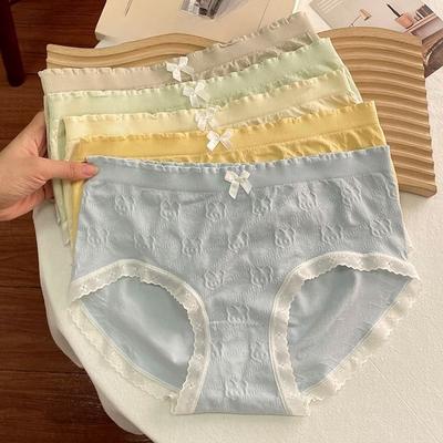 Lady Spring and Autumn Lace Candy Color Antibacterial Crotch Breathable Comfortable Mid Waist Triangle Briefs