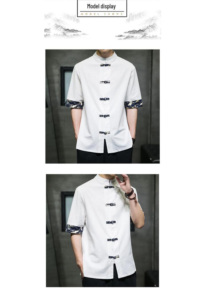 Men's 2022 Retro Chinese Style Color Block Cotton Linen Frog Button Short Sleeve Shirt
