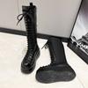 Fashion Side Zipper 8 Cm Platform Women Boots Knee High Motorcycle Boots Black Lace Up Long Boots Suede Leather Autumn Winter Shoes
