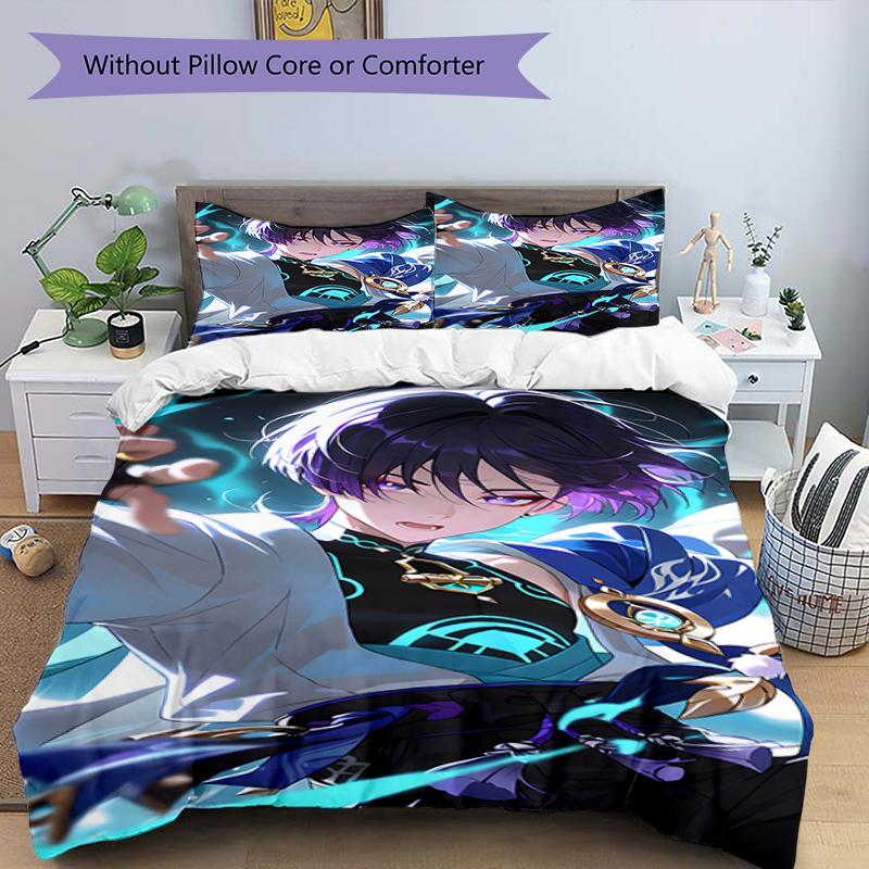 3pcs Genshin Impact Wanderer1 Design Cover Set - HD Printed Bedding with 1 Cover and 2 Pillowcases - Perfect for Home and Dorm Decor