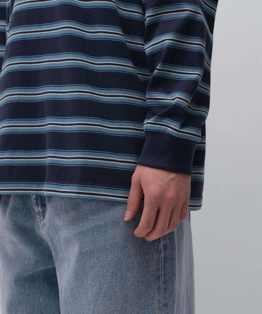 MUSINSA STANDARD Multi-Stripe Long Sleeve Polo Shirt [Navy]