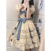 French Sweet Lolita Bow Splicing Dress Women High Waist A-Line Midi Party
