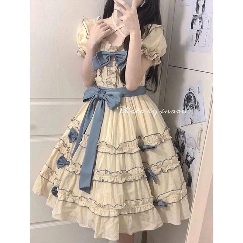 French Sweet Lolita Bow Splicing Dress Women High Waist A-Line Midi Party