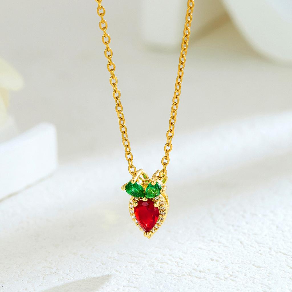 New Sweet and Cute Dripping Oil Strawberry Cherry Titanium Steel Necklace Female Simple Versatile Fruit Series Collarbone Chain