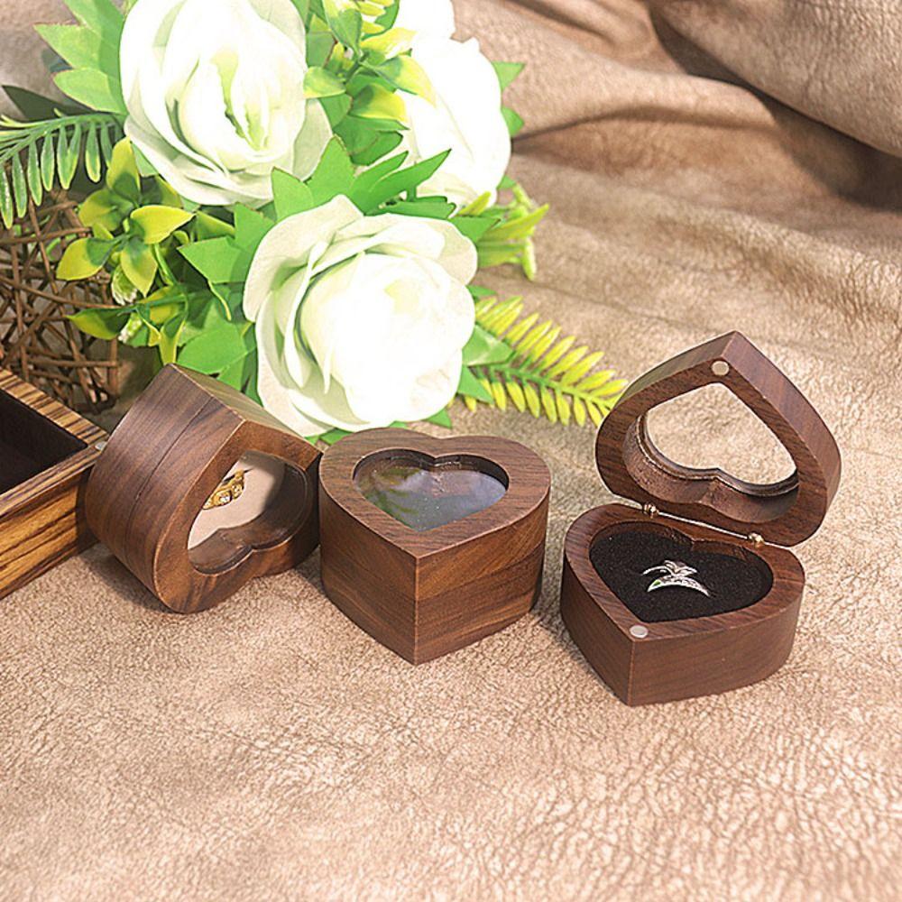 Transparent Cover Walnut Wood Rings Box Magnetic Cover Rings Bearer Box Heart Rings Holder  Gifts