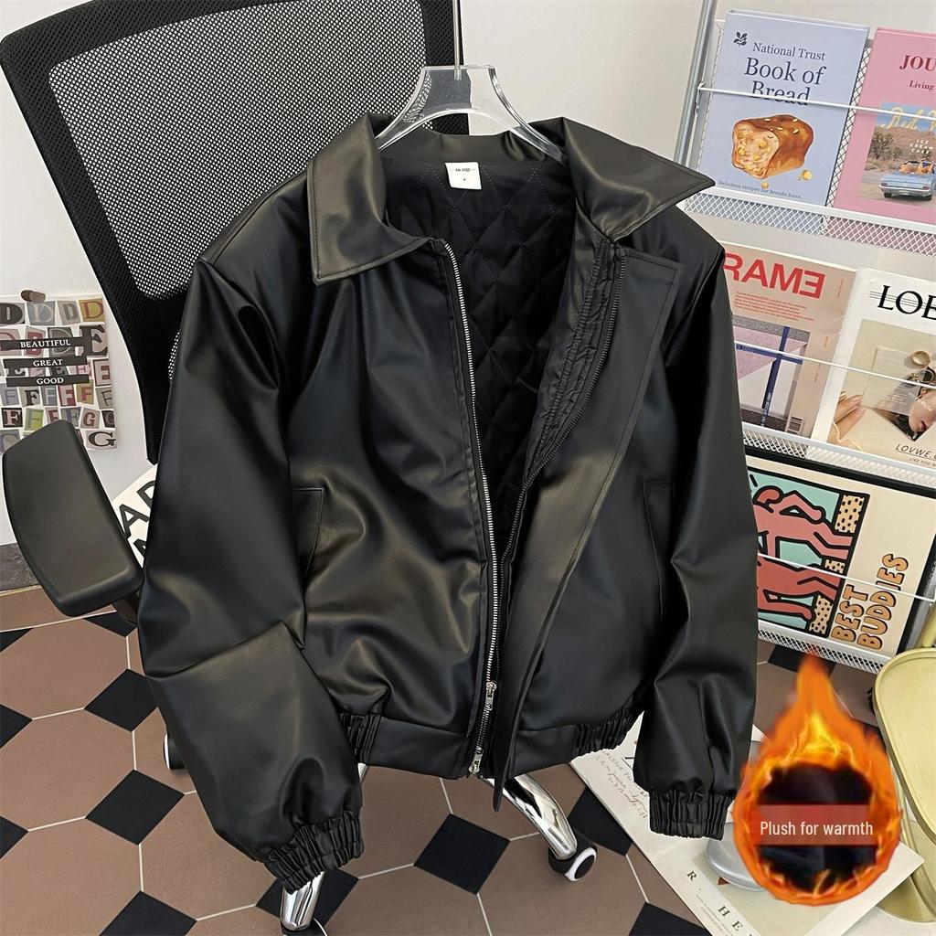 Men's Trendy Korean-Style Black PU Leather Padded Jacket with Zipper