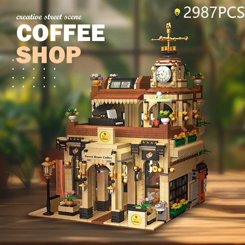 2987PCS Coffee Shop Building Blocks European Style Vintage Cafe  Model Bricks Set With Light Desktop Ornaments Kids DIY Toy Gift