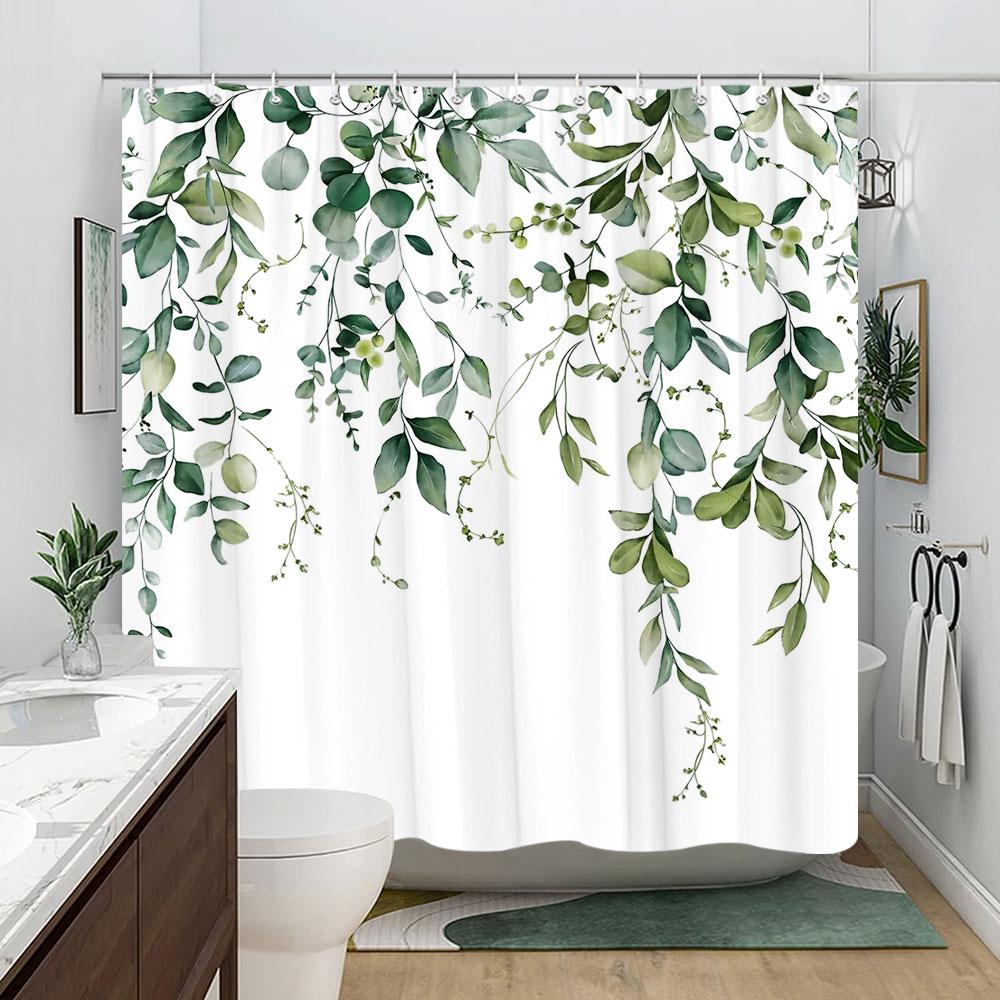 Sage Green Eucalyptus Leaves Shower Curtain Floral Flower Bird Shower Curtains Hummingbird Butterfly Modern Aesthetic Bath Decor