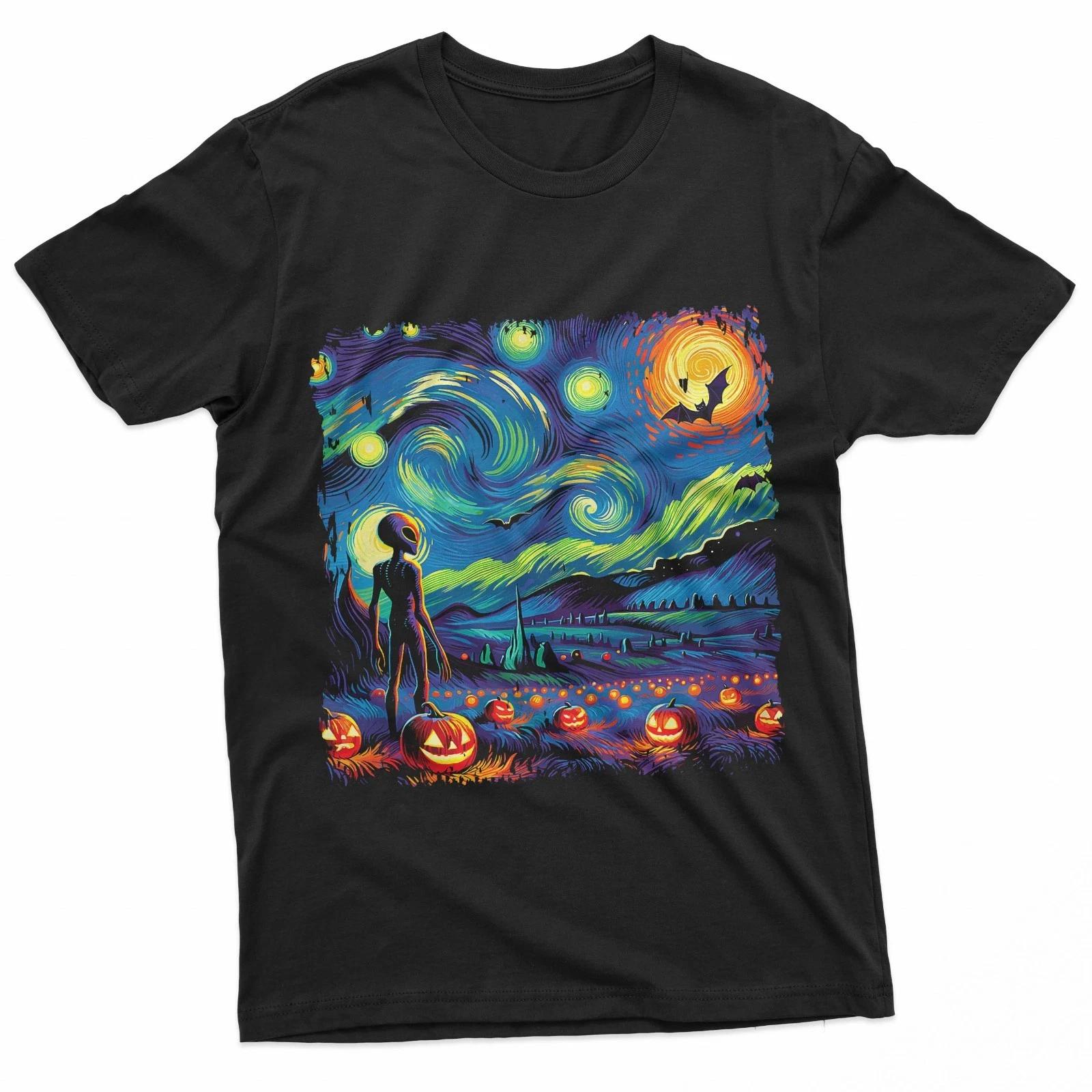 

Ван Гог Звездная ночь Инопланетянин Хэллоуин Осенняя тыква Летучие мыши 100% Хлопок Футболка Мужские Футболки Топ M