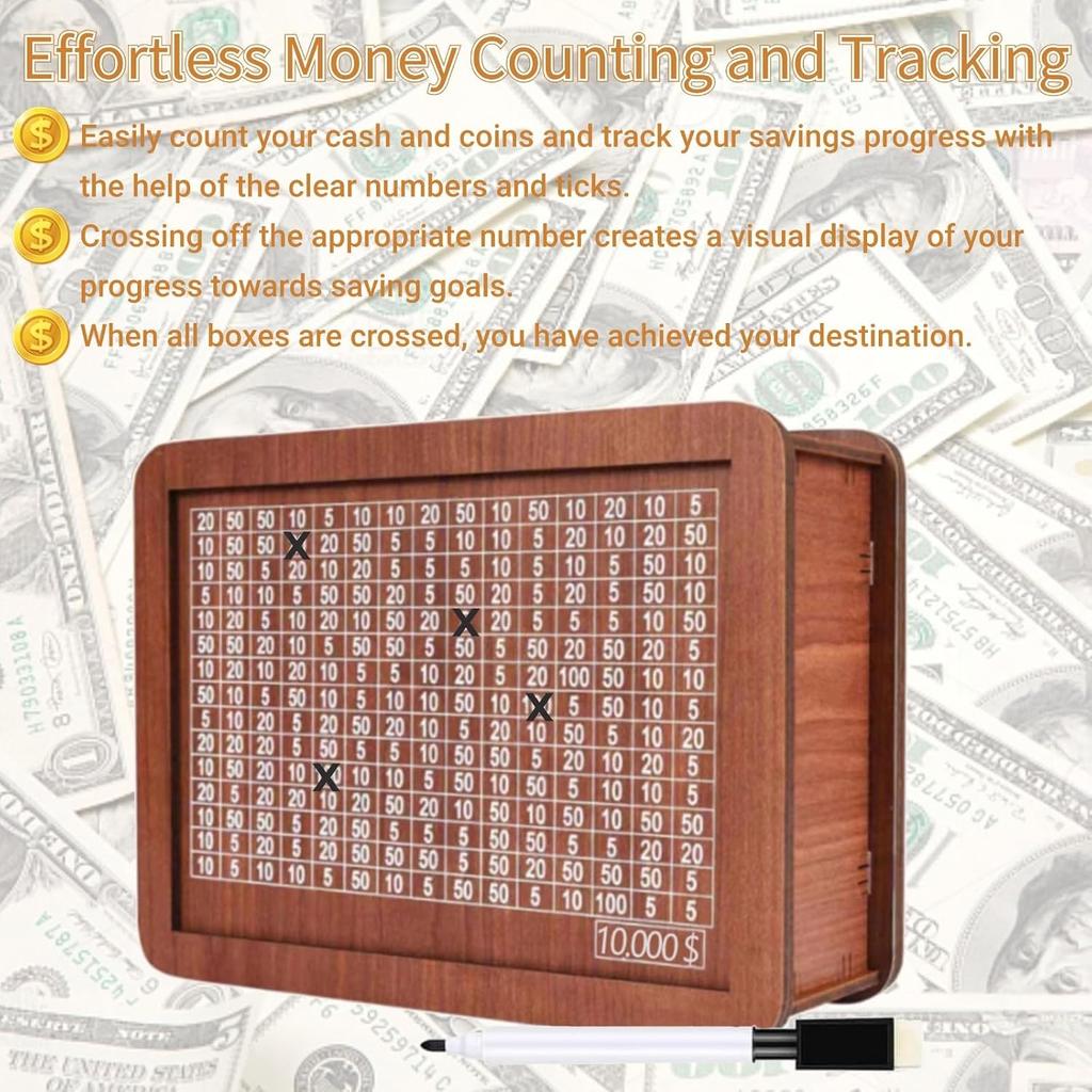 Cash Vault Wooden Savings Box Countdown Money Saving Box Savings Challenge Box with Money Target and Numbers Coin Bank Money Box Piggy Bank Cash Sa