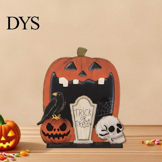 Rustic Style Holiday Ornaments Halloween Wooden Pumpkin Skull Crow Tombstone Ornament, Retro DIY Tabletop Centerpiece, Creative Split Set for