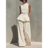European and American new women's sleeveless vest vest ruffle edge wide-leg pants cotton and linen two-piece women's clothing
