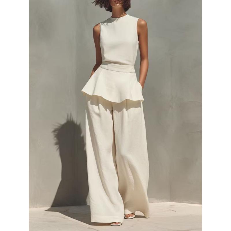 European and American new women's sleeveless vest vest ruffle edge wide-leg pants cotton and linen two-piece women's clothing