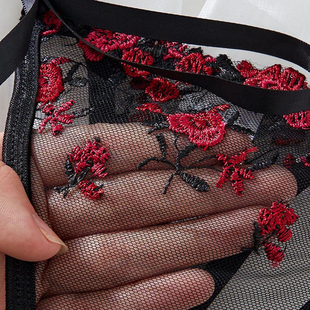 High-Quality Black Embroidered Lingerie Set with Steel Ring