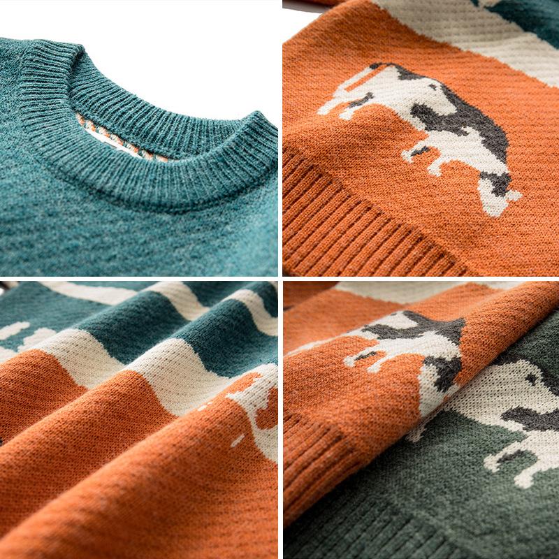 2021 Men's Fashion Japanese Colorblock Green Cow Sweater - Hong Kong Style Round Neck Pullover