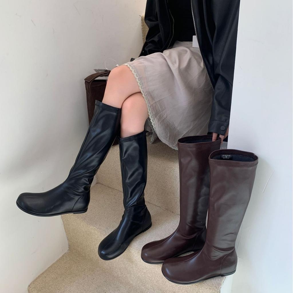 2025 autumn and winter new round head inner slope heel tall tube thin soft bottom foot cover versatile but knee knight women's boots