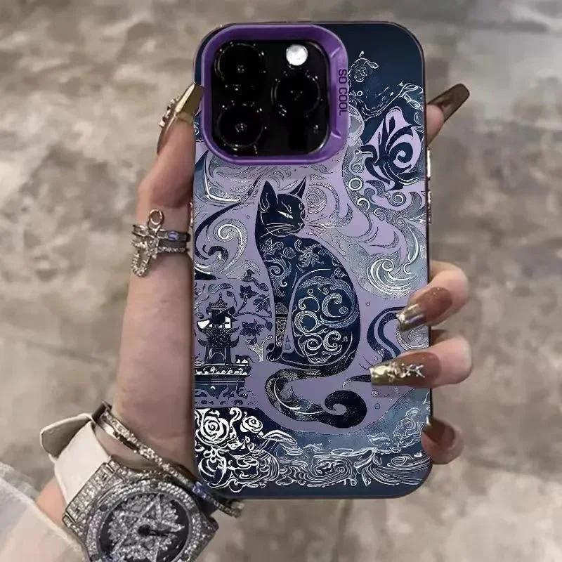 Electroplate Silver  Phone Case for IPhone 16 15 14 13 PRO MAX 11 12 13 PRO X XS XR 7 8 Plus Cute Blue and White Cat Cover