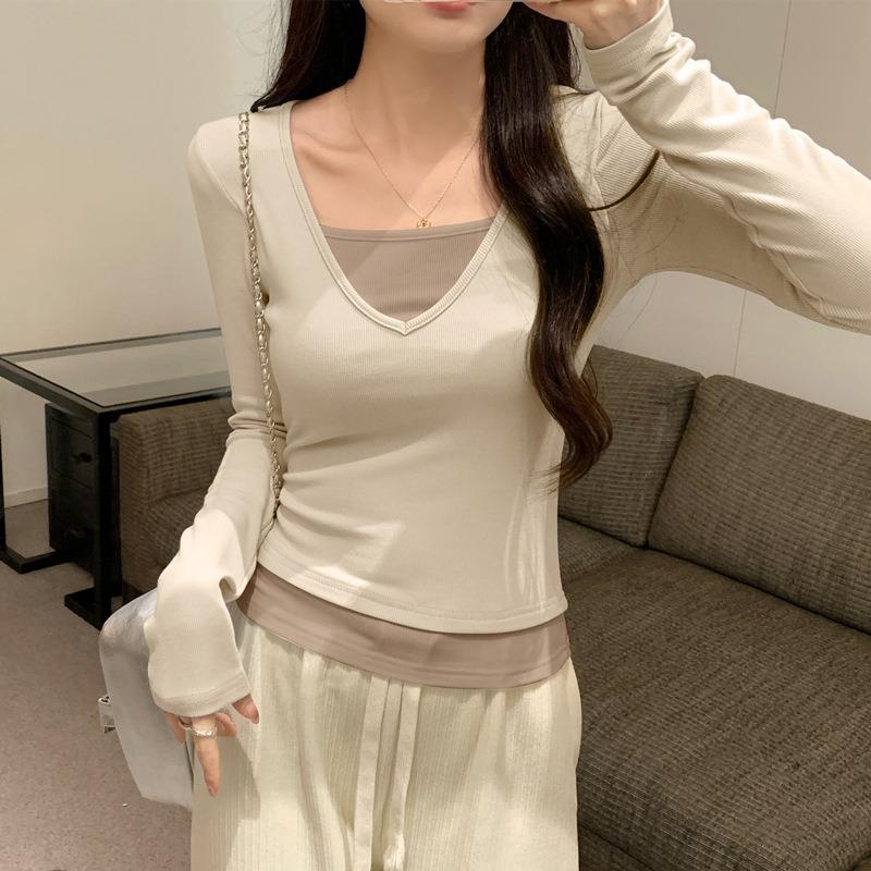 Spring new tight and thin chic white sky blue fake two-piece collar long-sleeved women's pure desire commuter top