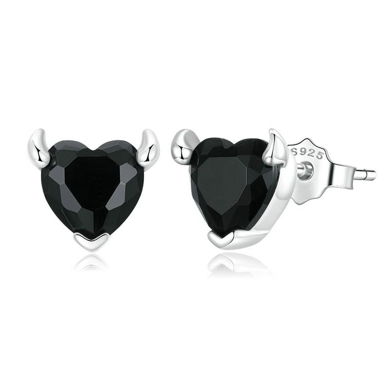 WOSTU Classic 100% 925 Sterling Silver Devil Heart Ear Studs Earrings Exquisite Black Zircon Earrings Fine Anniversary Jewelry