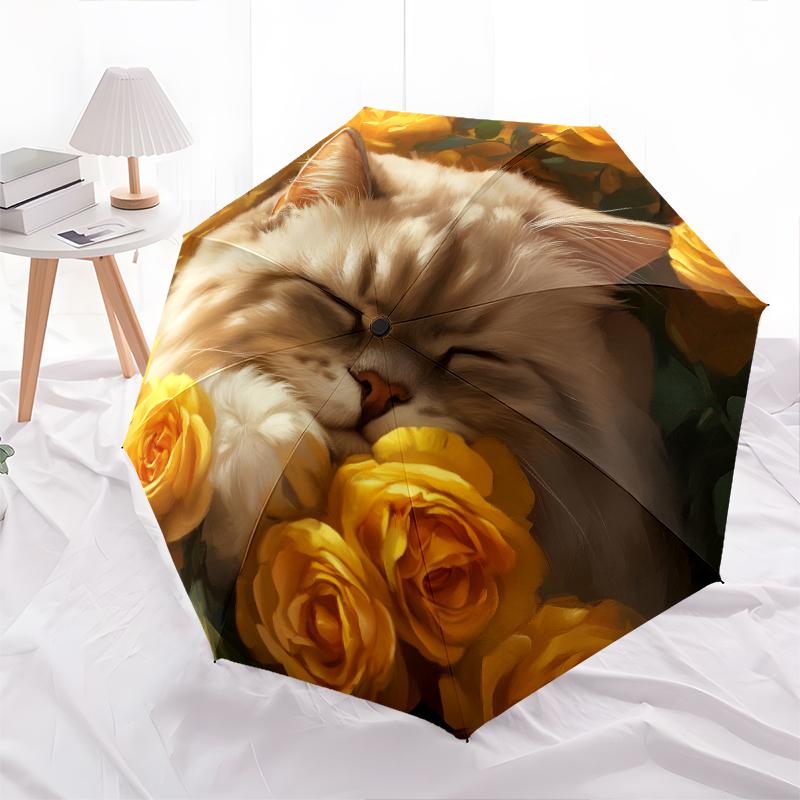 Rose and Persian Cat Pattern, Automatic Folding Umbrella, Portable and Foldable Design, 8 Ribs, a Christmas or Birthday Gift.
