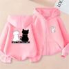 Girls Full Zip Hooded Sweatshirt Lovely Cartoon Kitten Silhouette Matching Tail Graphic Loose Casual Kids Outerwear With Front P