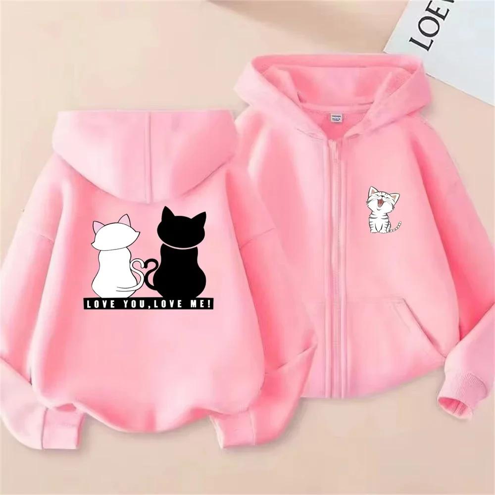 Girls Full Zip Hooded Sweatshirt Lovely Cartoon Kitten Silhouette Matching Tail Graphic Loose Casual Kids Outerwear With Front P