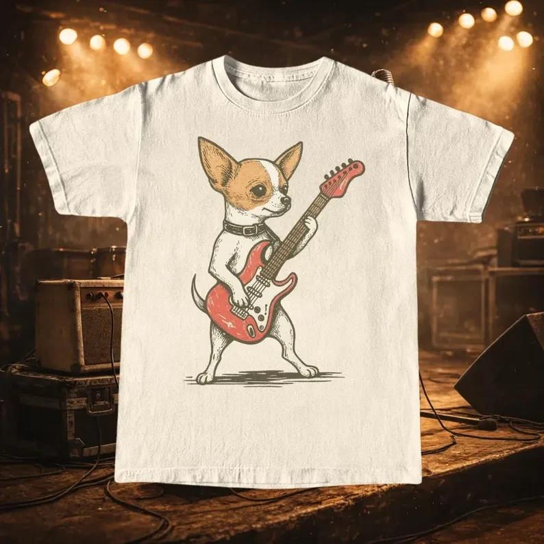 Chihuahua Playing Guitar TShirt Rocking Dog Graphic Funny Music Lover Design Unisex T-Shirt XXXL